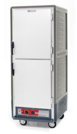 The Metro C539-HXDS-U-GY C5 3 Series Insulated Holding Cabinet features full-height gray sides, Dutch solid doors, and a bottom-positioned control panel with dials. It has universal wire slides, is mounted on wheels for mobility, and operates at 220-240V/50/60Hz, with 1681-2000W power.