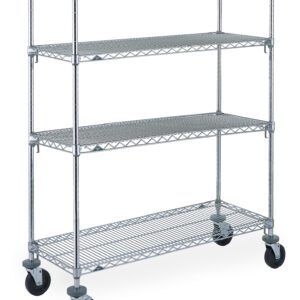 The Metro Super Adjustable Super Erecta A366BC cart with four chrome-tiered shelves and caster wheels measures 18 x 60 x 67.875, ideal for versatile storage with a sturdy grid pattern design; note that actual dimensions may vary.