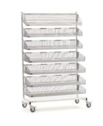 The Metro QB148-M7 qwikSIGHT Shelving Unit features a tall metal rack with seven slanted mesh shelves, each supported by side panels. It measures 48 L and is set on four wheels for easy mobility, making it perfect for organizing or displaying items against a plain white background.