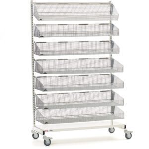 The Metro QB148-M7 qwikSIGHT Shelving Unit features a tall metal rack with seven slanted mesh shelves, each supported by side panels. It measures 48 L and is set on four wheels for easy mobility, making it perfect for organizing or displaying items against a plain white background.