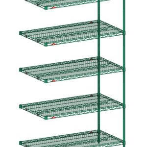 Illustration of a Metro 5AN347K3 Super Erecta 5-Shelf Industrial Wire Shelving Add-On Unit in Metroseal Green Epoxy with green shelves, supported by vertical metal rods. Note: Dimensions (18 x 42 x 74) may vary from the product shown.