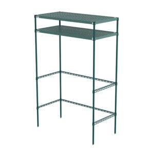 The Metro CR244874PRH2 Super Erecta Pro Overhead Storage Docking Station is a green metal unit with two perforated shelves and four legs, measuring 24 x 48 x 74. Its open design offers efficient, sturdy, and lightweight storage or organizing solutions.
