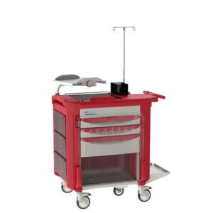 The Metro LECCRP8-RD Lifeline Crash Cart, in red, features an IV pole, defibrillator tray, lockable drawers, and side compartments. It is designed for easy mobility with wheeled movement and offers various compartments for essential medical supplies.
