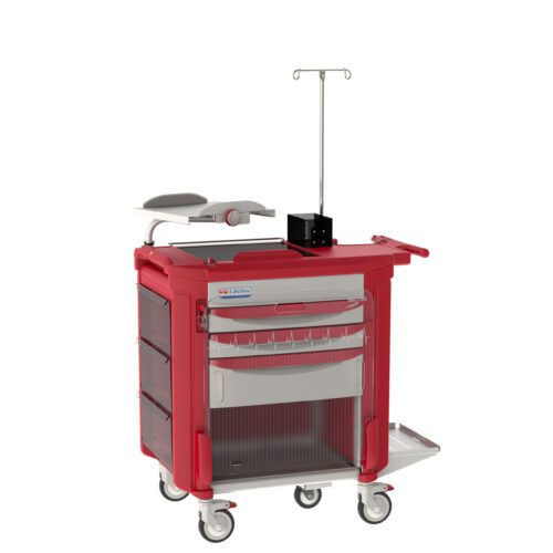 25hjk7wzk09njcf1vn01vqqkxbqqkuij.jpg The Metro LECCRP8-RD Lifeline Crash Cart, in red, features an IV pole, defibrillator tray, lockable drawers, and side compartments. It is designed for easy mobility with wheeled movement and offers various compartments for essential medical supplies.