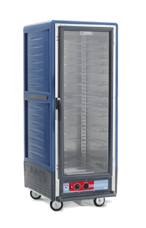 The tall, blue Metro C539-HXFC-U-BU C5 3 Series Insulated Holding Cabinet features a full-length clear door revealing metal wire slides, is mobile with wheels, and has a bottom control panel with dual dials and a digital display, operating at 220-240V.