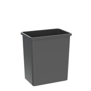 The dark gray Metro FL222 28-Quart Waste Basket for Flexline and Lifeline Carts features a sleek rectangular design with smooth surfaces. Its lidless construction adds functional simplicity to any setting.