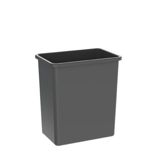 The dark gray Metro FL222 28-Quart Waste Basket for Flexline and Lifeline Carts features a sleek rectangular design with smooth surfaces. Its lidless construction adds functional simplicity to any setting.
