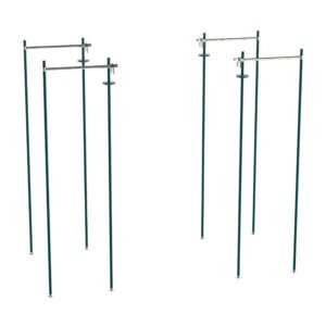 A set of four vertical poles setup in pairs, each pair joined by a horizontal bar, resembles a Metro TTE24K3 Top-Track Stationary End Unit Kit for 24 Wide Super Erecta Wire Shelving with a durable Metroseal Green Epoxy finish, possibly intended for exercise or gymnastics.
