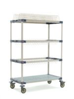 The MetroMax 4 MAX4-PR48VX3 Mobile Drying Rack measures 26 x 50 x 68 and includes two drop-ins, one tray rack, and one bulk shelf. It features four tiers, supported by vertical metal rods and triangular brackets, resting on swivel casters for mobility.