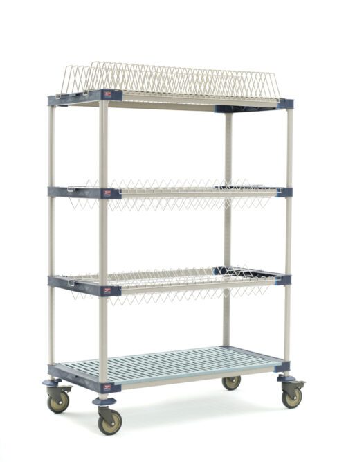 28zue8fy8ln9ntcw6iz5l6vpu239jaxv.jpg The MetroMax 4 MAX4-PR48VX3 Mobile Drying Rack measures 26 x 50 x 68 and includes two drop-ins, one tray rack, and one bulk shelf. It features four tiers, supported by vertical metal rods and triangular brackets, resting on swivel casters for mobility.