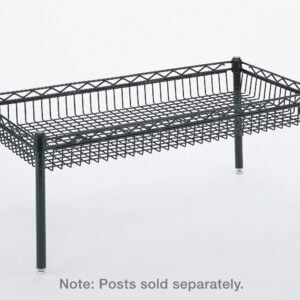 The Metro CC9744B Super Erecta Industrial Wire Basket Shelf in black, measuring 18 x 48, is displayed with four dark posts against a white background. Note: Posts sold separately.