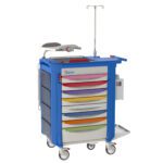 The Metro LECPEDS2 Lifeline Pediatric Crash Cart, Blue, features six multicolored drawers, a foldable side tray, an IV pole, and ample storage. It has caster wheels for easy mobility and includes a distinctive red handle on one side.