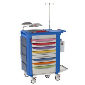 The Metro LECPEDS2 Lifeline Pediatric Crash Cart, Blue, features six multicolored drawers, a foldable side tray, an IV pole, and ample storage. It has caster wheels for easy mobility and includes a distinctive red handle on one side.