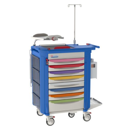 The Metro LECPEDS2 Lifeline Pediatric Crash Cart, Blue, features six multicolored drawers, a foldable side tray, an IV pole, and ample storage. It has caster wheels for easy mobility and includes a distinctive red handle on one side.