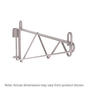 The Metro 1WS14K4 Super Erecta wall mount in Metroseal Gray Epoxy is a triangular bracket with angled rods, a loop, and a clamp, supporting 14 shelves. Note: dimensions may vary.