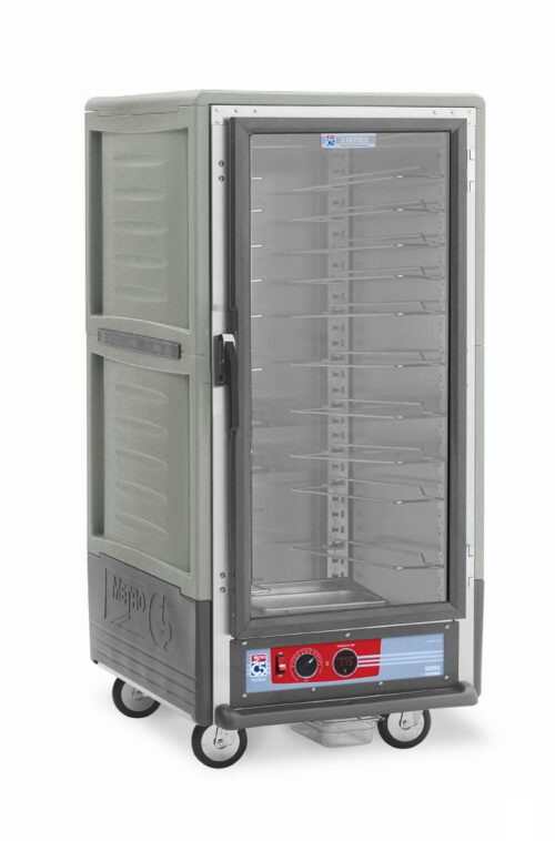 The Metro C537-HLFC-U-GY is a grey 3/4 height insulated holding cabinet with a full-length clear door, featuring universal wire slides and multiple metal shelves. It includes control knobs, a digital display, and stands on four wheels for easy mobility.