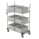 Introducing the Metro CR214254-PC Picking Cart, a metal storage solution sized at 21 x 42 x 54, featuring four wheeled shelves with large gray plastic bins, a handy side basket, and a robust frame with vertical supports for ultimate stability.