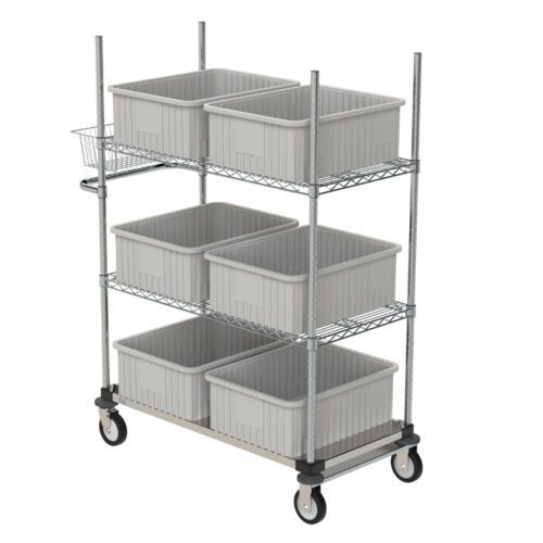 Introducing the Metro CR214254-PC Picking Cart, a metal storage solution sized at 21 x 42 x 54, featuring four wheeled shelves with large gray plastic bins, a handy side basket, and a robust frame with vertical supports for ultimate stability.