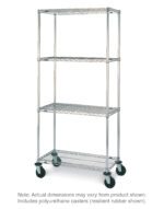 The Metro N556EBR Super Erecta 4-Shelf Industrial Wire Shelving Stem Caster Cart features a four-tier metal design with wire racks and wheels. Dimensions are 24 x 48 x 67.875, with Brite polyurethane casters, although resilient rubber is shown in the image.