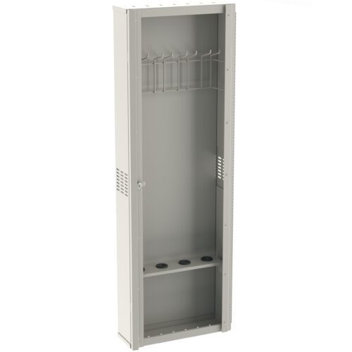 The Metro FL246 Flexline Scope Cabinet, 4-Hook, is a tall, open metal locker with a vented door and 4-hook setup at the top. The gray unit offers practical storage and a convenient bottom section.