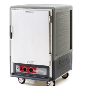 The Metro C535-HFS-U-GY C5 3 Series Insulated Holding Cabinet is a commercial food warmer with a gray insulated body, stainless steel front door, and ventilation. It operates at 120V, 60Hz, has temperature controls, universal wire slides for shelving flexibility, and four caster wheels for mobility.