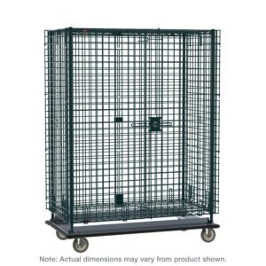 The large, Metroseal Green Epoxy metal wire storage cage on wheels, featuring a secure lock and sturdy platform, is comparable to the 28.0625 x 63.125 x 68.4375 Metro SEC56LK3 Super Erecta unit; actual dimensions may vary from the product shown.
