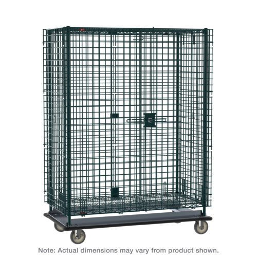 The large, Metroseal Green Epoxy metal wire storage cage on wheels, featuring a secure lock and sturdy platform, is comparable to the 28.0625 x 63.125 x 68.4375 Metro SEC56LK3 Super Erecta unit; actual dimensions may vary from the product shown.