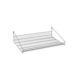 The 18 x 30 Metro GS1830K4 SmartWall Grid Shelf with Retaining Ledge in Metroseal Gray Epoxy is a sturdy metal wire shelf with side support bars for wall mounting, a grid base, and a horizontal back bar for stability.