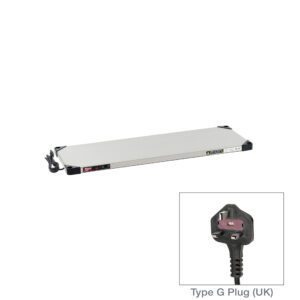 A rectangular 14 x 42 white panel heater, the Metro HSX1442-UK Super Erecta Hot Stainless Steel Heated Shelf, features a black Type G plug (UK), operates on 220-240V with a small side control panel and showcases its three-pronged plug design.