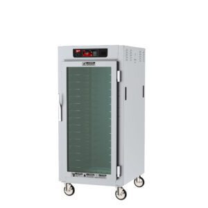 The Metro C587-SFC-UA C5 8 Series is a 3/4 height insulated holding cabinet featuring a full-length clear door, universal wire slides, and digital controls. It operates at 120V, 60Hz, and 2000W with side ventilation slots for airflow.