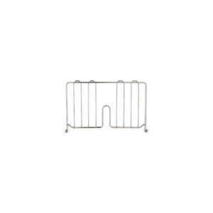The Metro DD14S Super Erecta 8 High Shelf Divider in stainless steel provides sturdy reliability for a silver wire dish rack with vertical bars designed to hold plates upright, featuring a simple structure and central slot for enhanced organization.