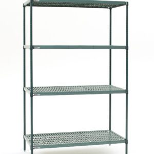 The Metro Super Erecta Pro EZPR2448NK3-4 Industrial Wire 4-Shelf Restaurant Shelving Unit features removable plastic mats, an easy order kit, and measures 24 x 48 x 74. Ideal for kitchens, it stands out on a plain white background. Note: actual dimensions may vary slightly.