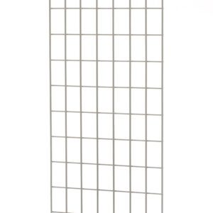A tall, narrow metal grid with rectangular openings resembling the Metro MEP55E Enclosure Panel (18.375W x 51.25H) for MetroMax Industrial Plastic Shelving is displayed vertically against a white background, with a small note indicating potential variations in actual dimensions.