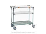 The Metro MS1824-FSPR-PK1 PrepMate MultiStation 24 Prep Station includes a solid stainless steel top shelf and Super Erecta Pro bottom shelf with Metroseal Green Epoxy posts, featuring a gray utility cart with sleek handles, orange accents, swiveling wheels, and dimensions that may vary from the image.
