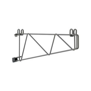 The Metro SWD18K4, finished in Metroseal Gray Epoxy, is a metal wall-mounted bracket with a triangular support structure. It features hooks and horizontal bars for hanging and is crafted from steel, offering a minimalist industrial design. Ideal for supporting 18 deep shelves.