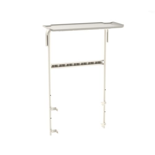 The Metro FL515 Flexline Overbridge with Top Shelf and Hanger Rail is a sleek, white wall-mounted shelving unit with a top shelf and horizontal bar with multiple hooks below. Its vertical supports securely attach to the bottom section for enhanced stability.