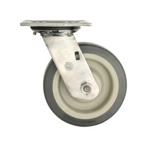 The Metro C6PGSA 6 Polyurethane Swivel C-Plate Caster, with a grey wheel and metal bracket, ensures smooth mobility for carts or furniture and is ideal for made-to-order truck dollies.