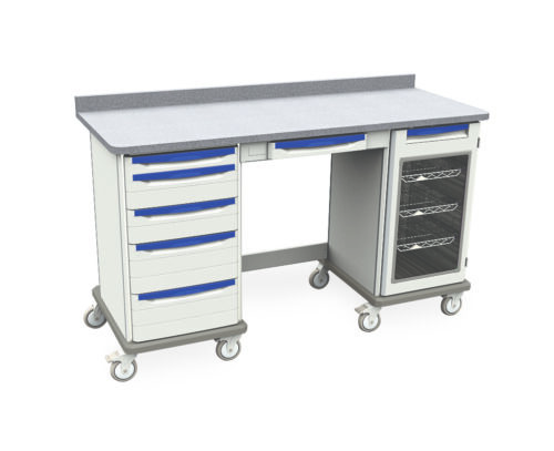 The Metro SXRK41MW7 Starsys Mobile Workcenter is a versatile cart with left-side drawers, a central open space, right-side shelving with a clear door, and a sleek grey top surface.