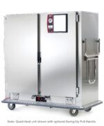 The Metro MBQ-180DXA is a large, stainless steel commercial food warming cabinet on wheels with two doors and a digital control panel on the upper left. Powered by a 1650W Standard Electric Thermal System, it has an optional swing-up pull handle on the right.