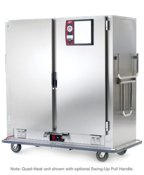 2qx8ch4dnp0re0jjsrusvmiek08w3ufz.jpg The Metro MBQ-180DXA is a large, stainless steel commercial food warming cabinet on wheels with two doors and a digital control panel on the upper left. Powered by a 1650W Standard Electric Thermal System, it has an optional swing-up pull handle on the right.