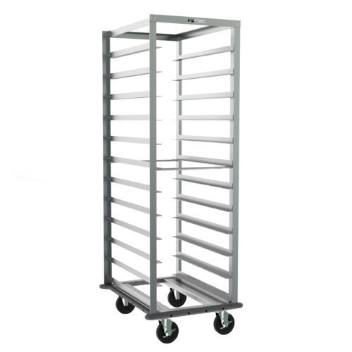 The Metro RD23NA33 End-Load Pan Rack features a sleek silver design with 5 slide spacing and multiple slots for easy access. With dimensions of 23.5 x 31 x 69.75, it includes swiveling caster wheels and a gray continuous bumper for enhanced mobility.