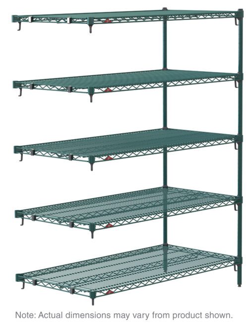 The Metro Super Adjustable Super Erecta 5AA367K3 unit features five adjustable shelves in Metroseal Green Epoxy. Measuring 18 x 60 x 74, the shelving stands against a plain white background. A note states actual dimensions may vary.