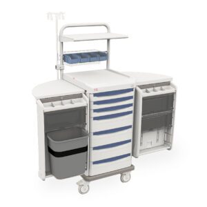 The Metro SXRSTRAMA Starsys Trauma Cart features blue drawers, open side compartments with dividers, an attached waste bin, wheels for easy mobility, and a top shelf for convenience.