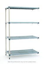 The MetroMax Q AQ456G3 4-Shelf Plastic Industrial Shelving Add-On Unit, measuring 21 x 48 x 63, features a metal shelving unit with four adjustable ventilated grid-designed shelves on cylindrical legs. Note: Actual dimensions may vary from product shown.