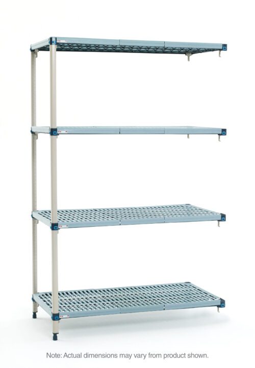 The MetroMax Q AQ456G3 4-Shelf Plastic Industrial Shelving Add-On Unit, measuring 21 x 48 x 63, features a metal shelving unit with four adjustable ventilated grid-designed shelves on cylindrical legs. Note: Actual dimensions may vary from product shown.