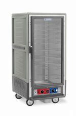The Metro C537-CFC-U-GY C5 3 Series cabinet is a gray, 3/4 height insulated holding/proofing unit with a full-length clear door and multiple shelves on universal wire slides. It has red and blue control panels, sits on wheels for mobility, and operates efficiently at 120V, 60Hz.