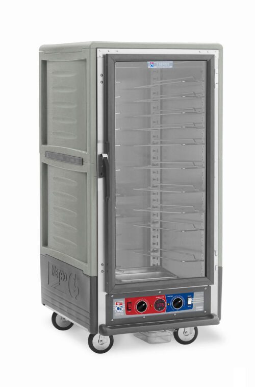 The Metro C537-CFC-U-GY C5 3 Series cabinet is a gray, 3/4 height insulated holding/proofing unit with a full-length clear door and multiple shelves on universal wire slides. It has red and blue control panels, sits on wheels for mobility, and operates efficiently at 120V, 60Hz.