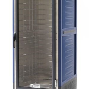 The Metro C539-HXFC-4-BUA C5 3 Series, a full-height insulated cabinet with a clear door and fixed wire slides, runs on 220-240V at 50/60Hz. It features a blue design with wheels for mobility and control knobs for precise temperature regulation.