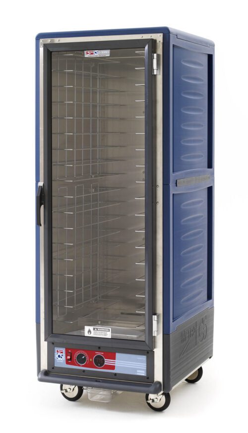 The Metro C539-HXFC-4-BUA C5 3 Series, a full-height insulated cabinet with a clear door and fixed wire slides, runs on 220-240V at 50/60Hz. It features a blue design with wheels for mobility and control knobs for precise temperature regulation.