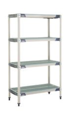 The MetroMax i X336GX3 shelving unit, measuring 18 x 36 x 63, features a four-tier metal design with grid-style shelves and adjustable feet, offering perfect organized storage. Each shelf has a perforated pattern for enhanced utility.